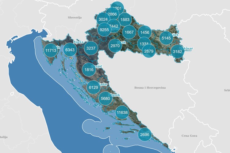 Slika Pregledna karta Hrvatske s brojem digitalnih geodetskih elaborata po županijama